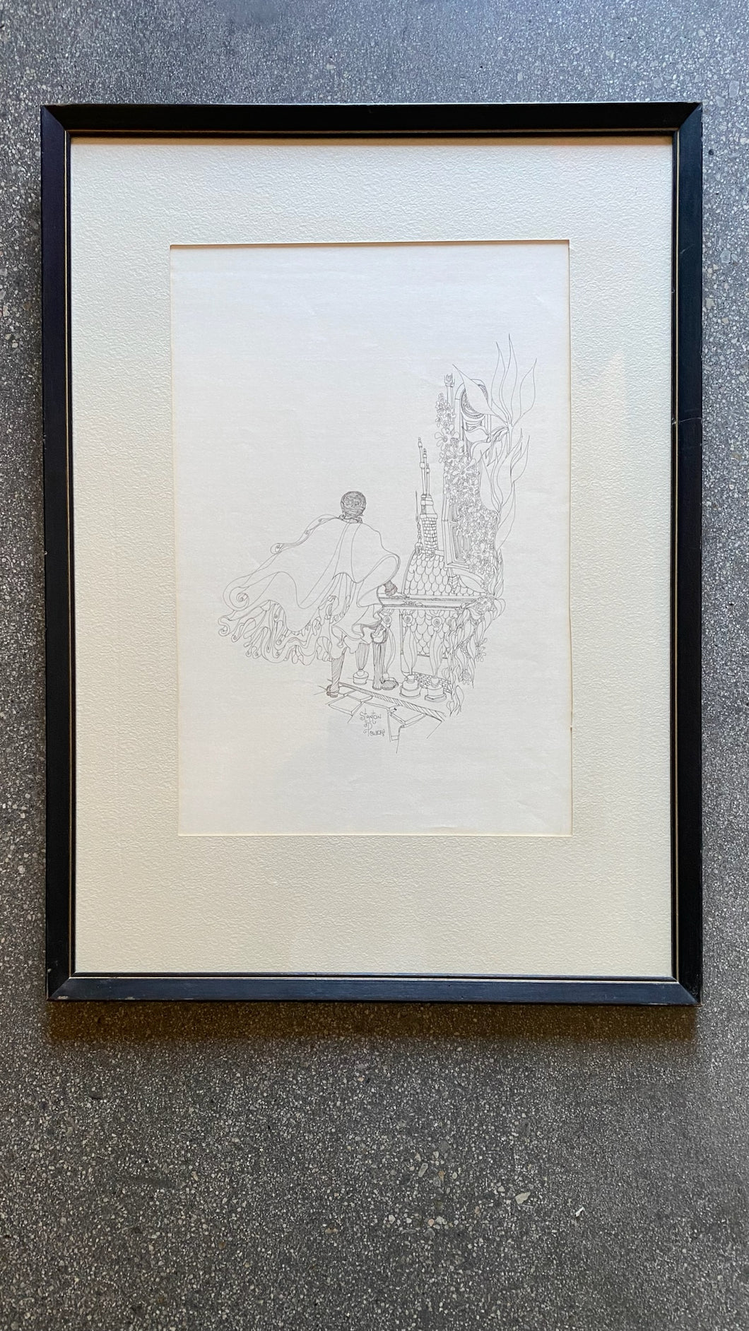 Pensive Balcony Scenes, Ink Drawing Framed