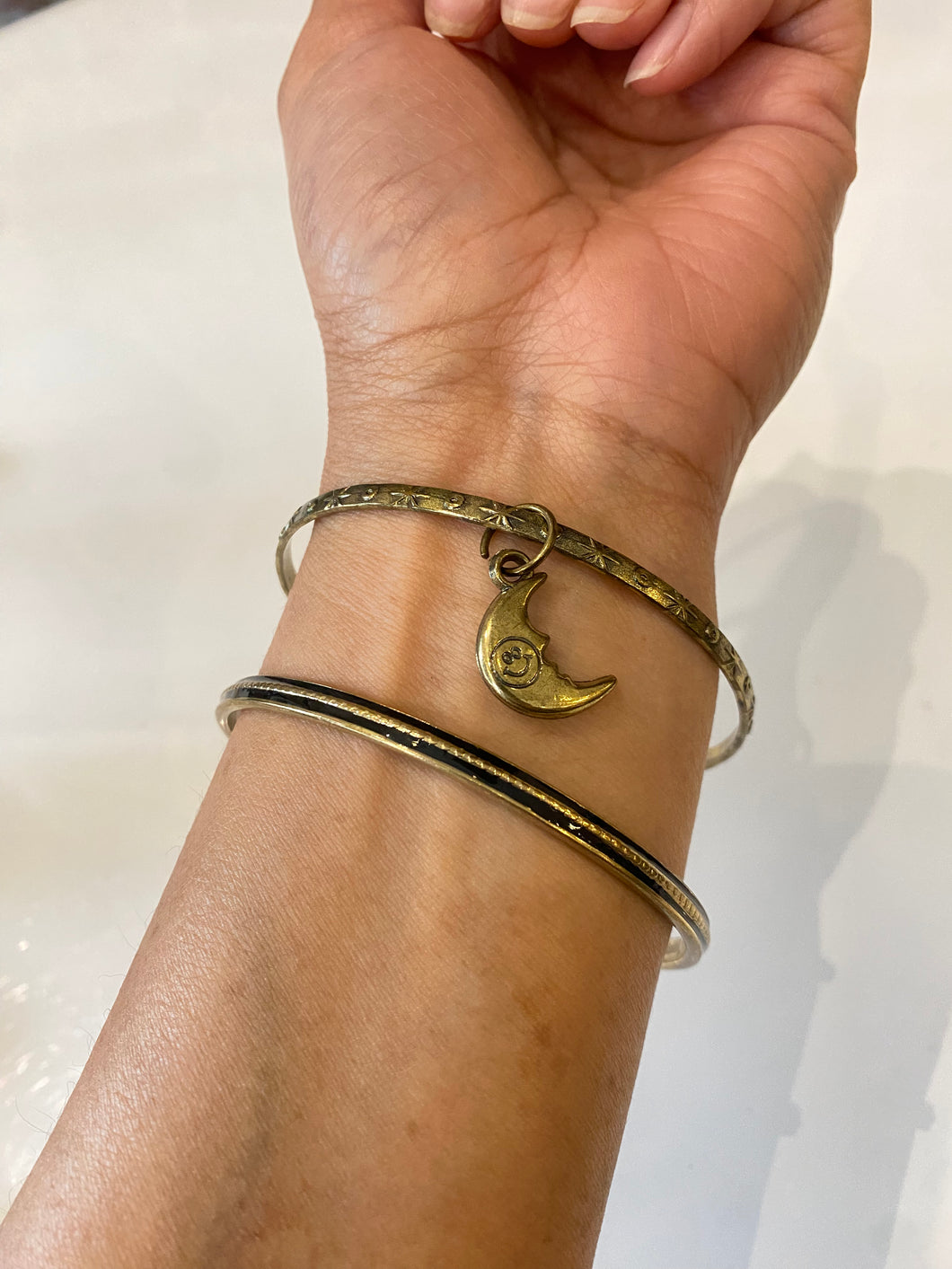 Set of 2 Gold Tone Bangles with Moon Charm