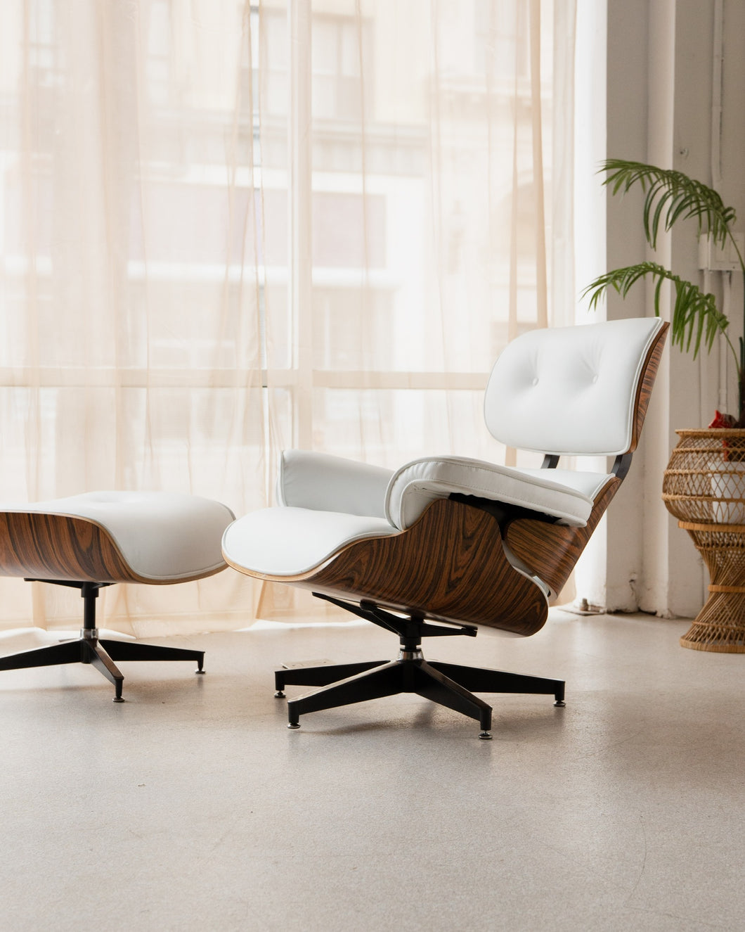 White Leather Chair with Ottoman