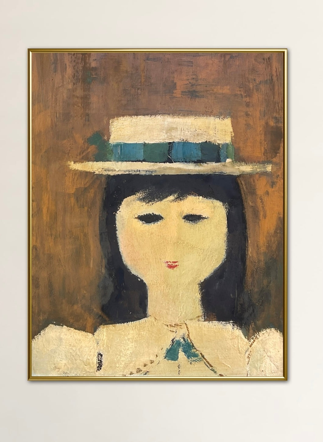 Folk Art Woman With Hat Gold Frame