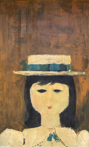 Folk Art Woman With Hat Gold Frame