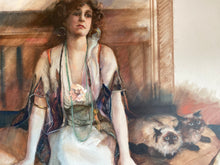 Load image into Gallery viewer, Vintage Lady with Cats Painting  Huge
