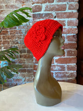 Load image into Gallery viewer, Red Crochet Beanie with Flower Detail
