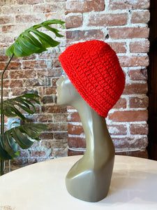 Red Crochet Beanie with Flower Detail