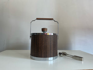 60s Chrome and Walnut ice Bucket with Tongs